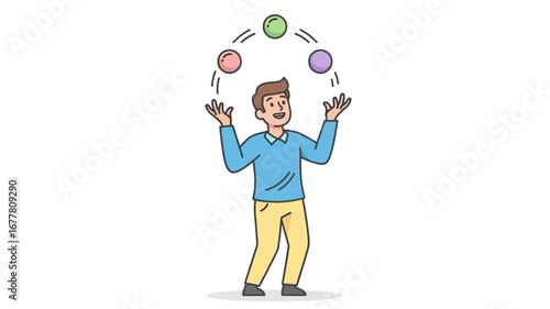 Joyful cartoon man skillfully juggling colorful balls. This lively illustration embodies balance, coordination, and multitasking, showcasing dexterity and playful concentration