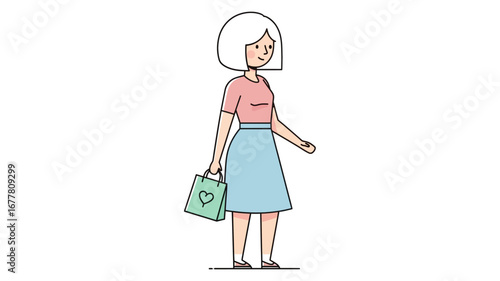 Stylish woman with a modern bob haircut, happily strolling with her eco-friendly shopping bag. This vibrant vector illustration captures a casual daily activity and leisure