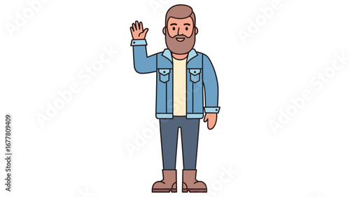 Friendly bearded man cartoon character in a denim jacket waving a welcoming greeting, a full-body illustration depicting an approachable and casual individual on a clean white background