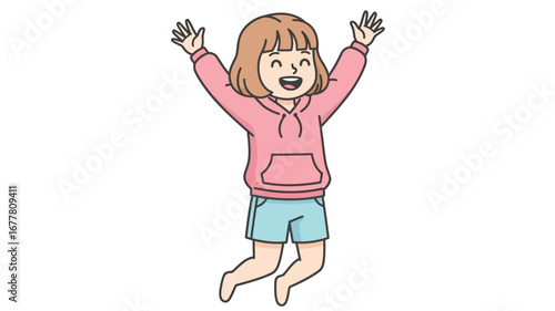 Joyful little girl in a pink hoodie and blue shorts, cheerfully jumping with arms raised, expressing pure happiness and excitement. A vibrant illustration of childhood joy and boundless energy