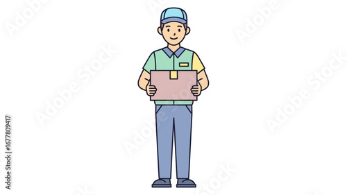 Friendly delivery man in a crisp uniform holds a package, ready for efficient service, embodying a cheerful and professional cartoon character for swift deliveries