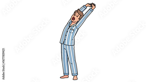 A tired man in blue striped pajamas stretches and yawns widely, illustrating a universal morning routine, the feeling of waking up, or a moment of deep relaxation after a long day