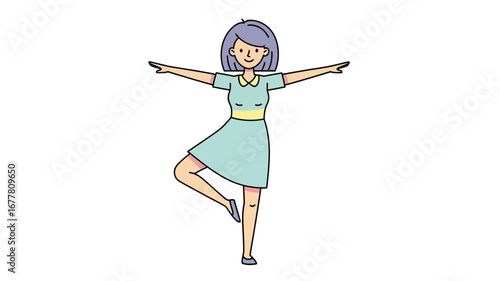 Flat line art illustration of a young woman in a blue dress practicing balance or yoga pose, standing on one leg with arms spread out, depicting flexibility and wellness