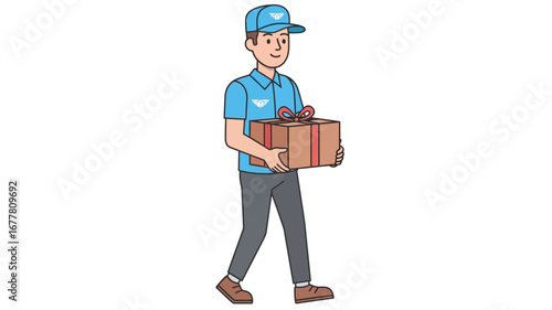 An enthusiastic male delivery worker safely transporting a beautifully wrapped gift box, emphasizing secure and prompt service for various occasions