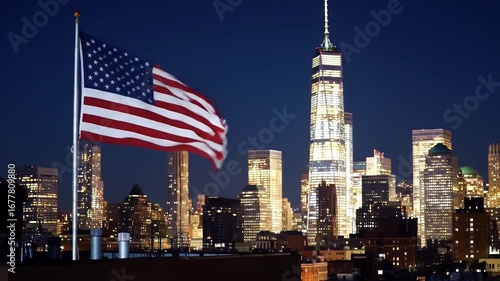 American flag waving in front of the New York City skyline at night.