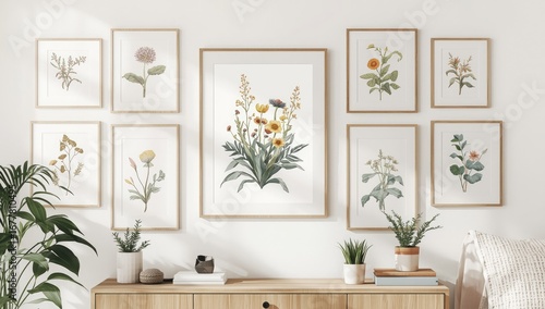 Gallery wall of botanical illustrations featuring a large central floral arrangement and smaller vintage plant prints