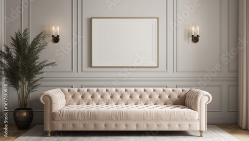 Elegant tufted chesterfield sofa in a classic living room with paneled walls and modern sconces