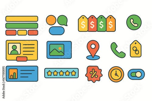 Business and communication flat icon set. call, pricing, and analytics icons collection