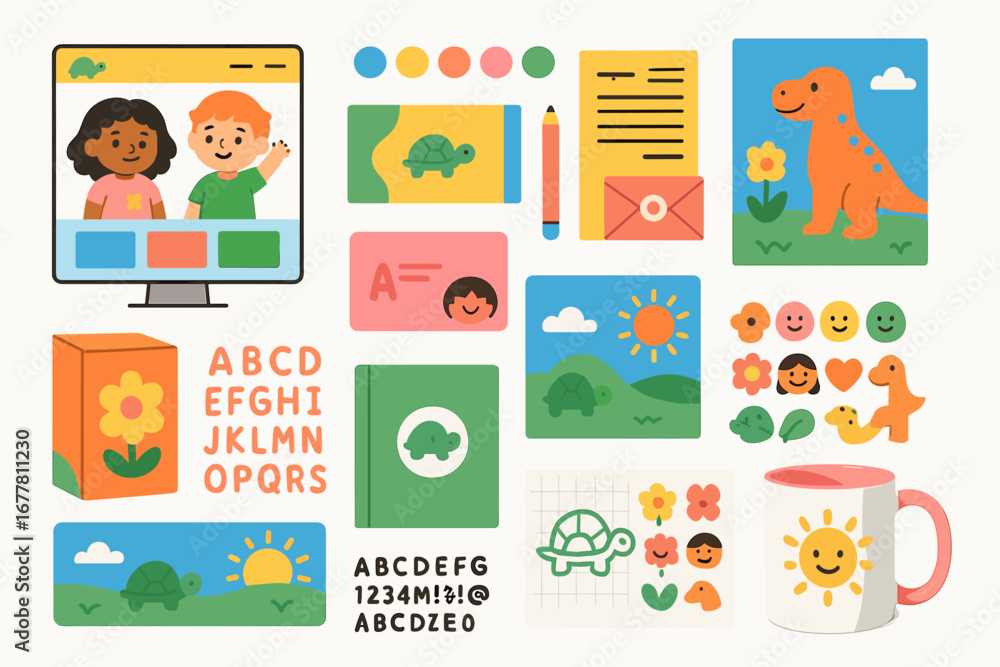 Fototapeta premium Education and learning flat icon set: alphabet, animals, and art icons collection