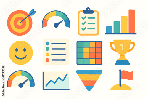 Data analysis flat icon set. charts, graphs, and metrics icons for business use