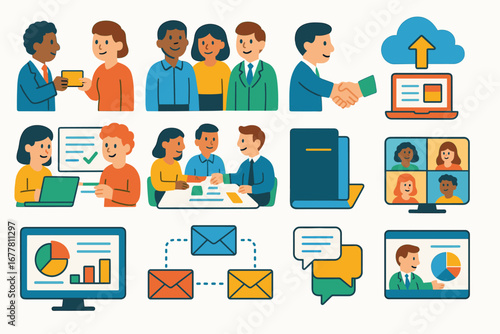 Business communication flat icon set. meeting, email, video call symbols collection