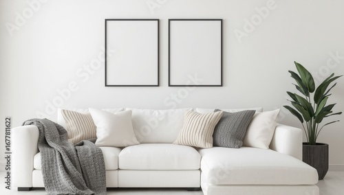 Modern living room with white sectional sofa textured throws decorative pillows and minimalist wall art