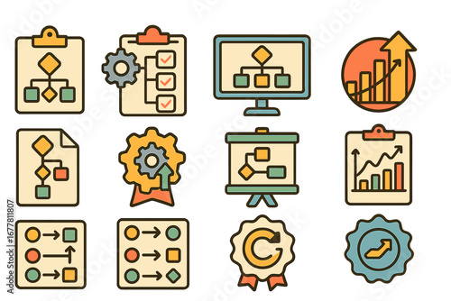 Data analysis and workflow outline icon set for business and productivity tools