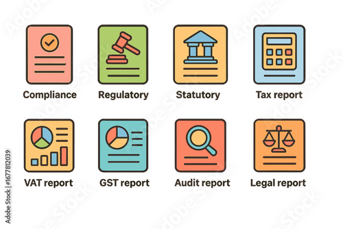 Business, compliance flat icon set. legal, regulatory, tax, and audit report icons