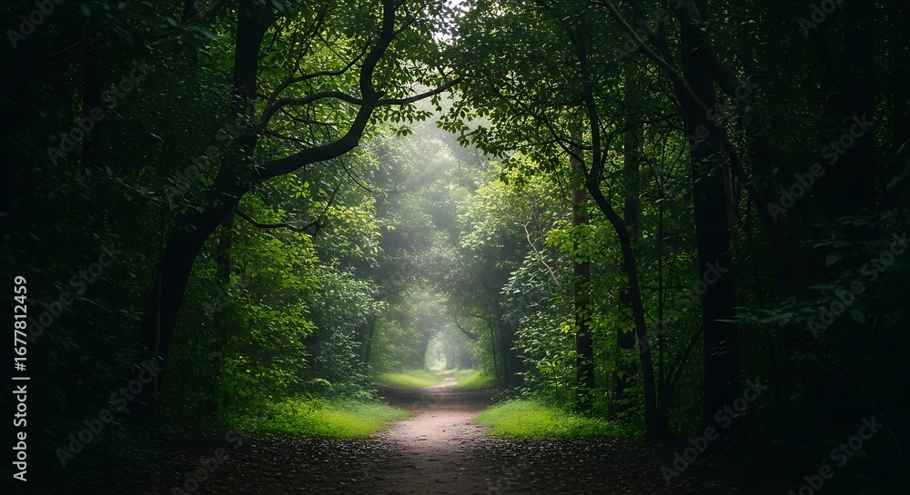 Obraz premium Mysterious Path Through a Lush Green Forest.