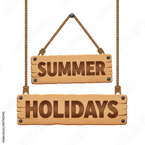 Wooden summer holiday hanging sign illustration.