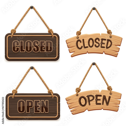 A collection of four wooden hanging signs, two indicating 'OPEN' and two 'CLOSED', presented in both dark, polished and light, rustic styles.