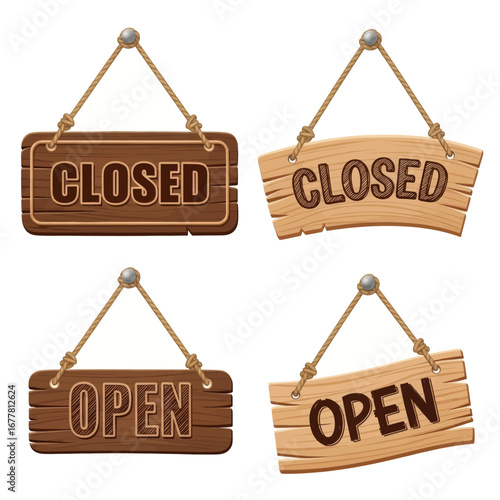 Fototapeta Naklejka Na Ścianę i Meble -  Four wooden signs hanging by ropes, two indicating 'CLOSED' and two indicating 'OPEN', representing business status.