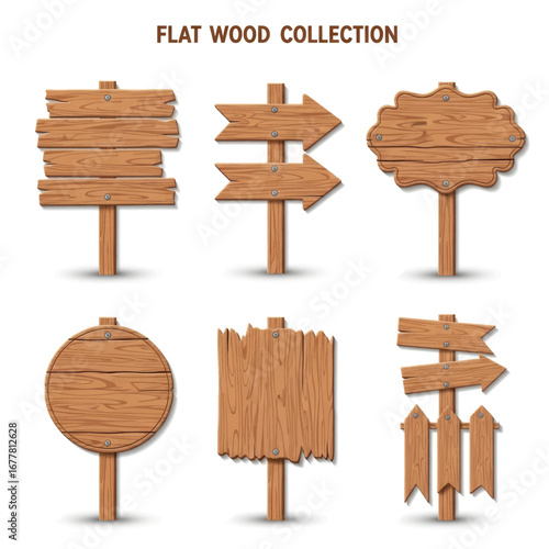 Collection of various flat wooden signs with different shapes and directional arrows on white background.