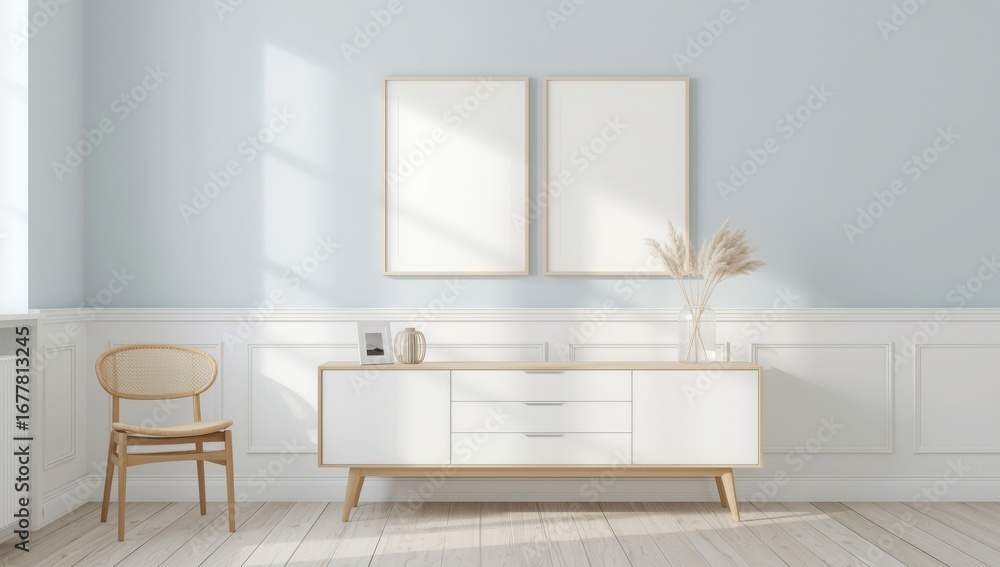 Fototapeta premium Modern minimalist living room with natural light and elegant furniture featuring a white dresser and accent chair