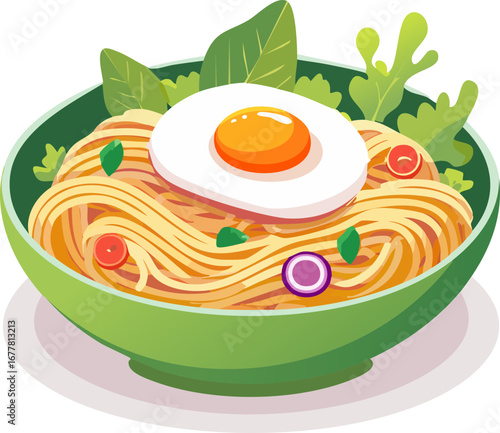 Delicious Noodle Bowl with Egg and Vegetables