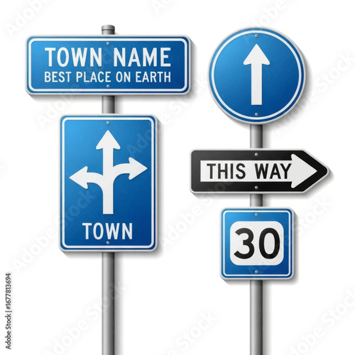 Collection of various blue and white road signs indicating directions, speed limits, and town names.