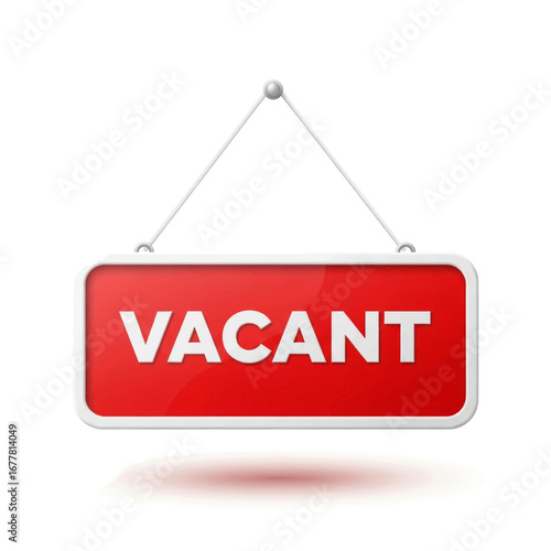A glossy red rectangular sign with the word 'VACANT' in white, hanging from a string on a white background.