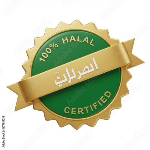 A 3D rendered green and gold circular badge with serrated edges, featuring "100% HALAL CERTIFIED" text and a golden ribbon across the center.
