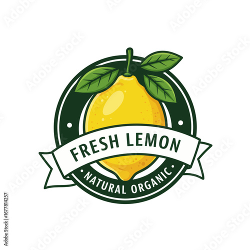 Illustration of a fresh lemon with leaves and a ribbon banner, suitable for a logo.