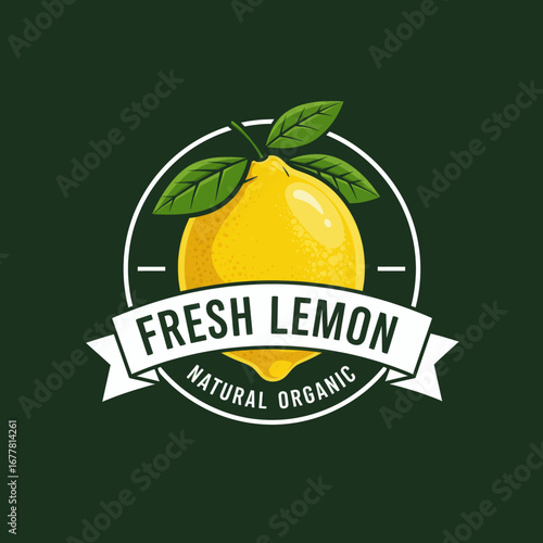Illustrated logo of a fresh yellow lemon with leaves, set within a circular frame with a banner reading 'Fresh Lemon, Natural Organic'.