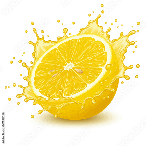 Vibrant yellow lemon half with a dynamic splash of fresh juice, isolated on a white background, symbolizing freshness and zest.