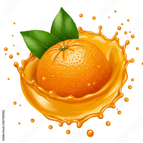 A fresh orange with juice splash and green leaves.