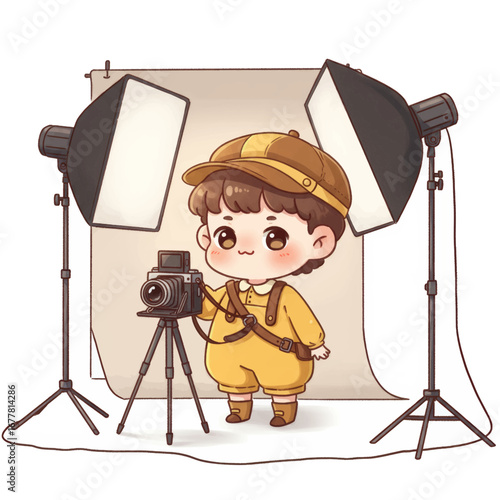 Charming cartoon illustration of a young boy photographer in a studio setup with a vintage camera, tripod, and professional lighting equipment.