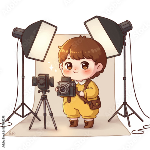 A cute cartoon child dressed in yellow overalls holding a camera in a photo studio with lighting equipment.