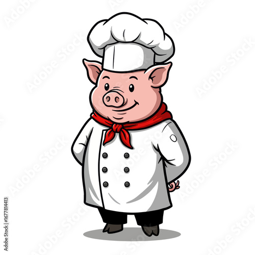 A cartoon pig dressed as a chef wearing a white uniform and a red scarf.
