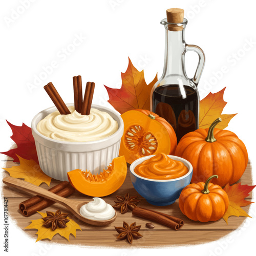 Pumpkin dessert with cinnamon sticks, syrup, and star anise on a wooden table.