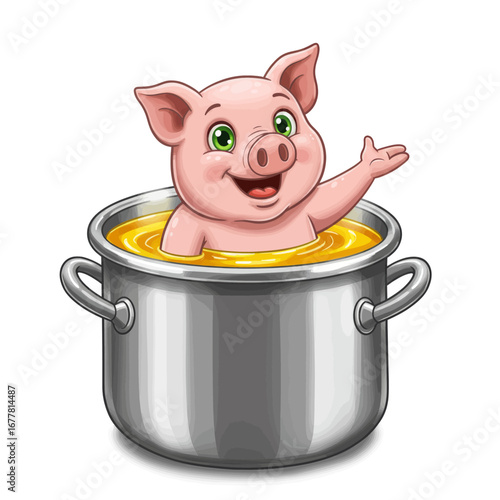 A happy cartoon pig enjoys a bath in a large pot of yellow soup.