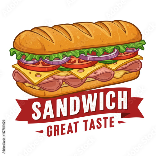 A detailed illustration of a delicious sandwich with various fillings and fresh ingredients.