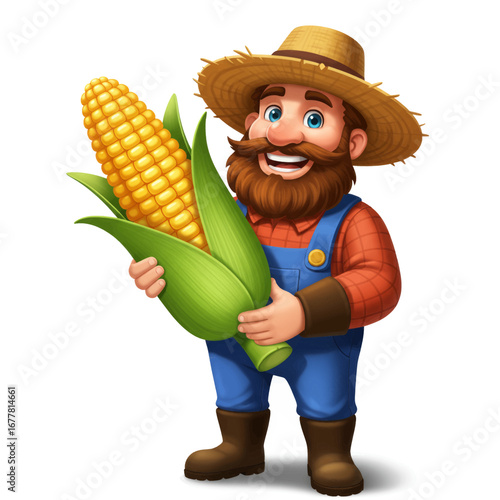 A cheerful cartoon farmer with a red beard and straw hat proudly holds a large ear of corn.