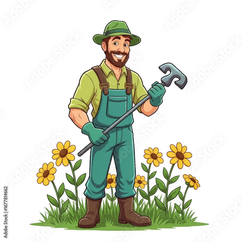 A smiling farmer in overalls and a hat stands in a field of sunflowers holding a gardening tool.