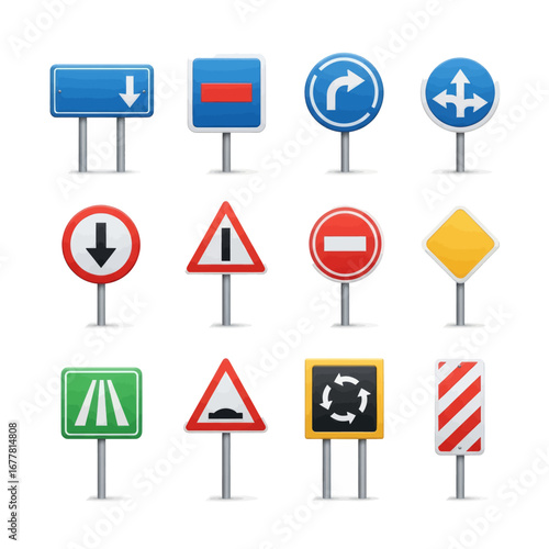 A collection of various international road traffic signs and symbols displayed on poles against a white background.
