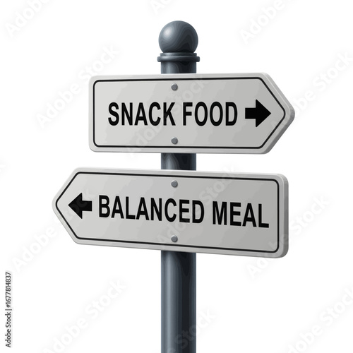 A signpost presents a choice between snack food and a balanced meal.