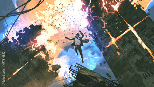 A suited man falls through the sky as skyscrapers explode around him, scattering debris and flying banknotes, digital art style, illustration painting