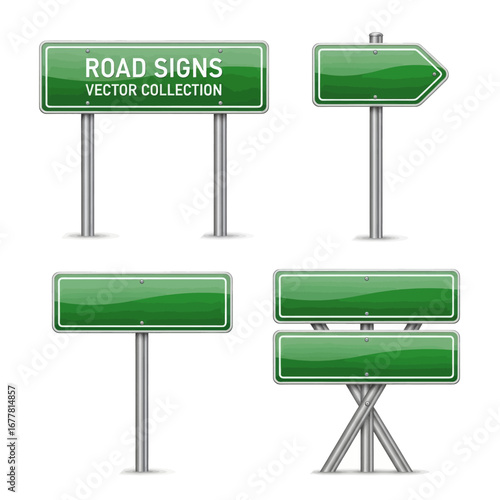 Collection of blank green road signs with various shapes and mounting options.