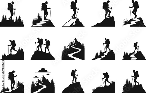 Hiking silhouettes, outdoor adventure scenes, mountain trekking, forest exploration, backpackers with walking sticks, nature landscape, climbing trails, travel exploration