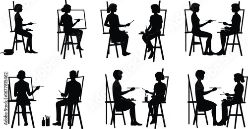 Silhouette artists, seated and painting on easels, individual and paired poses, creative art scene, vector illustration, brushes, palettes, live model, studio setting