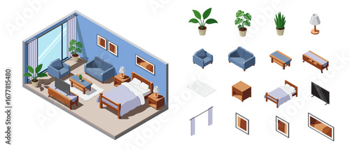 Isometric hotel room interior. Hotel room with bed, window, tv, sofa and table. Set of bedroom furniture. Isometric hotel room