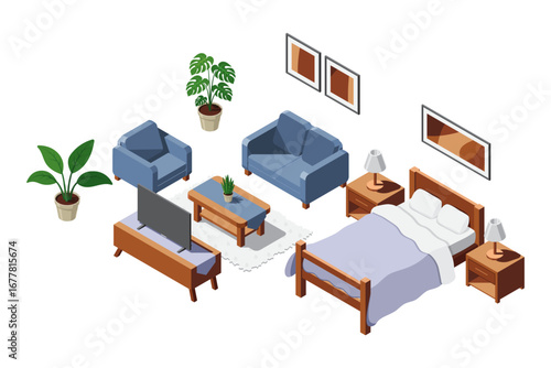 Isometric hotel room interior. Hotel room with bed, window, tv, sofa and table. Set of bedroom furniture. Isometric hotel room