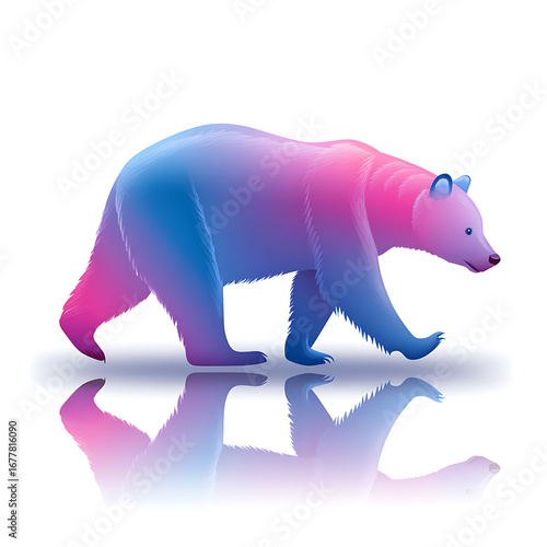 A vibrant pink and blue gradient bear walks with a clear reflection on a clean white background.