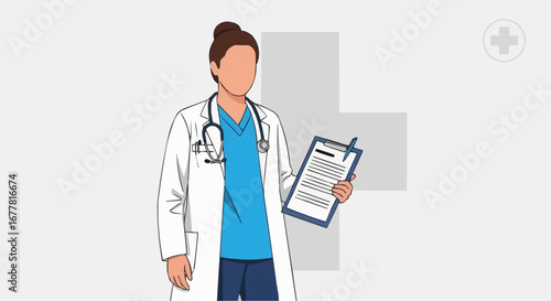 Health, medicine and nursing vector  female doctor with stethoscope and clipboard in hospital for medical healthcare professional service